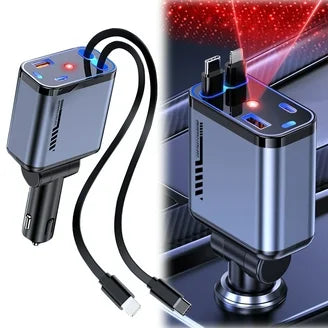 4 in 1 Retractable Car Charger with Star Projection Night Light